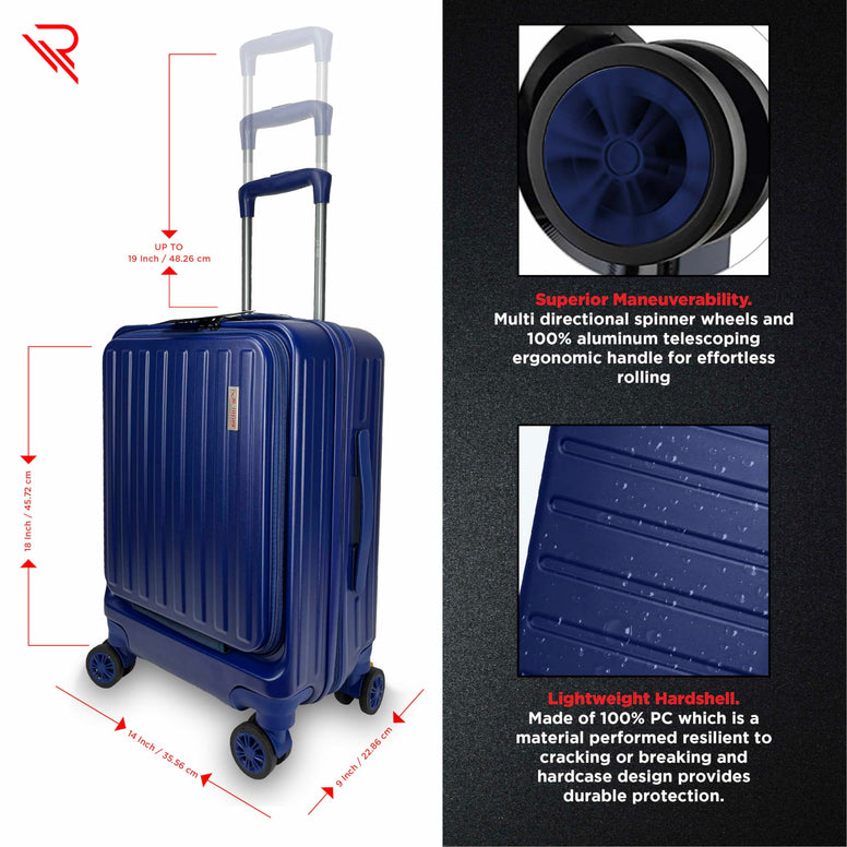 REFLECTION Business Travel 20"Carry On Luggage with Front Open Laptop Compartment|Hardside Suitcase|4 Spinner Wheels|Premium Quality|Professional look(Blue)