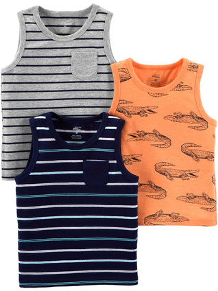 Simple Joys by Carter's Baby Boys' Tank Tops, Pack of 3, Grey Stripe/Light Orange Alligator/Navy Double Stripe, 6-9 Months