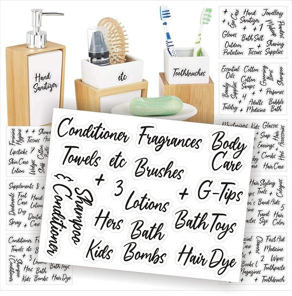 Premify Bathroom Labels, Bathroom Organizing Stickers – Bath Beauty & Makeup Preprinted Sticker. Water Resistant Clear Vinyl Label (Set of 120 – Black Script Bathroom Stickers)