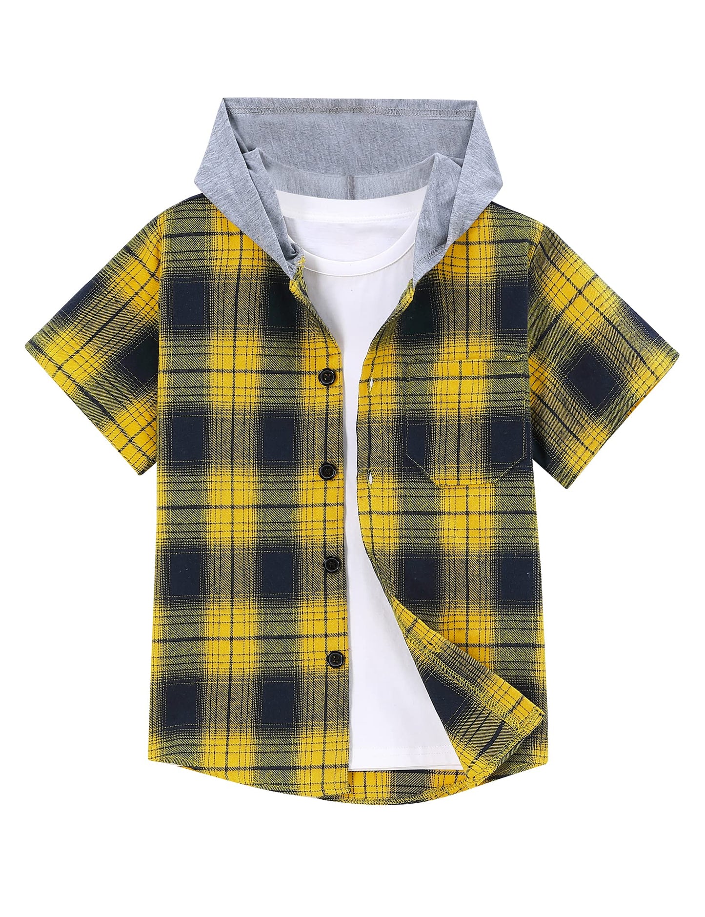 Kukume Kids Little Boy Button Down Buffalo Plaid Shirt Short Sleeve Shirt Fannel Hood with Pocket Top 3-12 Years