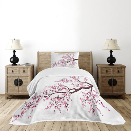Ambesonne Japanese Bedspread, Branch of a Flourishing Sakura Tree Flowers Cherry Blossoms Spring Theme Art, Decorative Quilted 2 Piece Coverlet Set with Pillow Sham, Twin Size, Dark Brown
