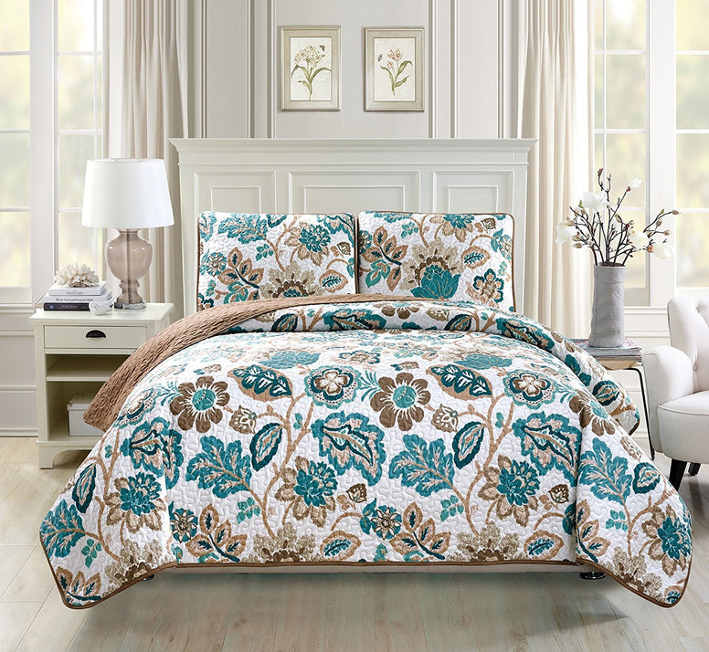 Linen Plus Quilted Bedspread Set Oversized Coverlet Floral Brown Teal White New (King/Cal King)