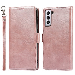 iCoverCase for Samsung Galaxy S21 Plus Case, PU Leather Wallet Case with Wrist Strap Card Holder Shockproof Flip Cover Case - Rose Gold