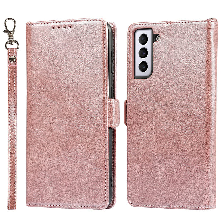 iCoverCase for Samsung Galaxy S21 Plus Case, PU Leather Wallet Case with Wrist Strap Card Holder Shockproof Flip Cover Case - Rose Gold