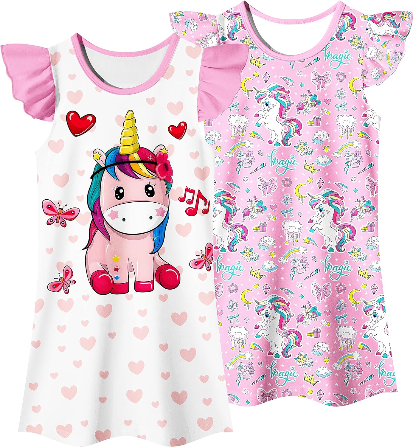 LQSZ 2Pcs Girls Nightgowns 3-10 Years Flutter Short Sleeves Dress Nightdress Sleepwear Pajamas Nightgowns for Girls