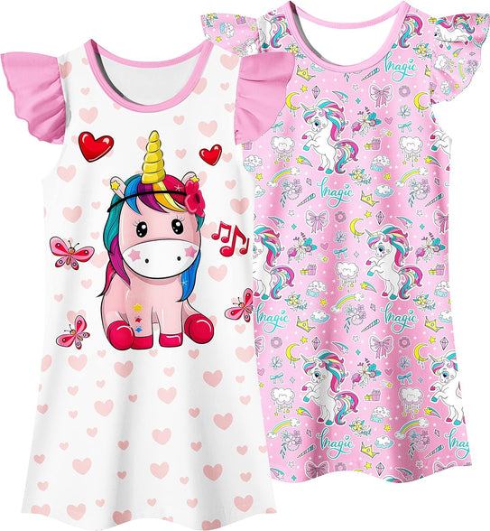 LQSZ 2Pcs Girls Nightgowns 3-10 Years Flutter Short Sleeves Dress Nightdress Sleepwear Pajamas Nightgowns for Girls