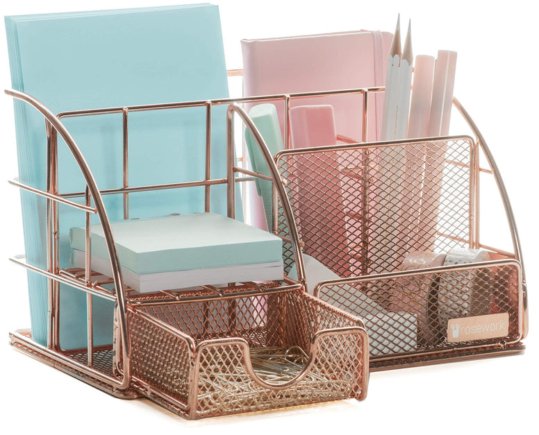 Rosework Rose Gold Desk Organizer | Drawer + Pen & Pencil Holder | 6 Compartments | Exclusive Rose Gold Edition