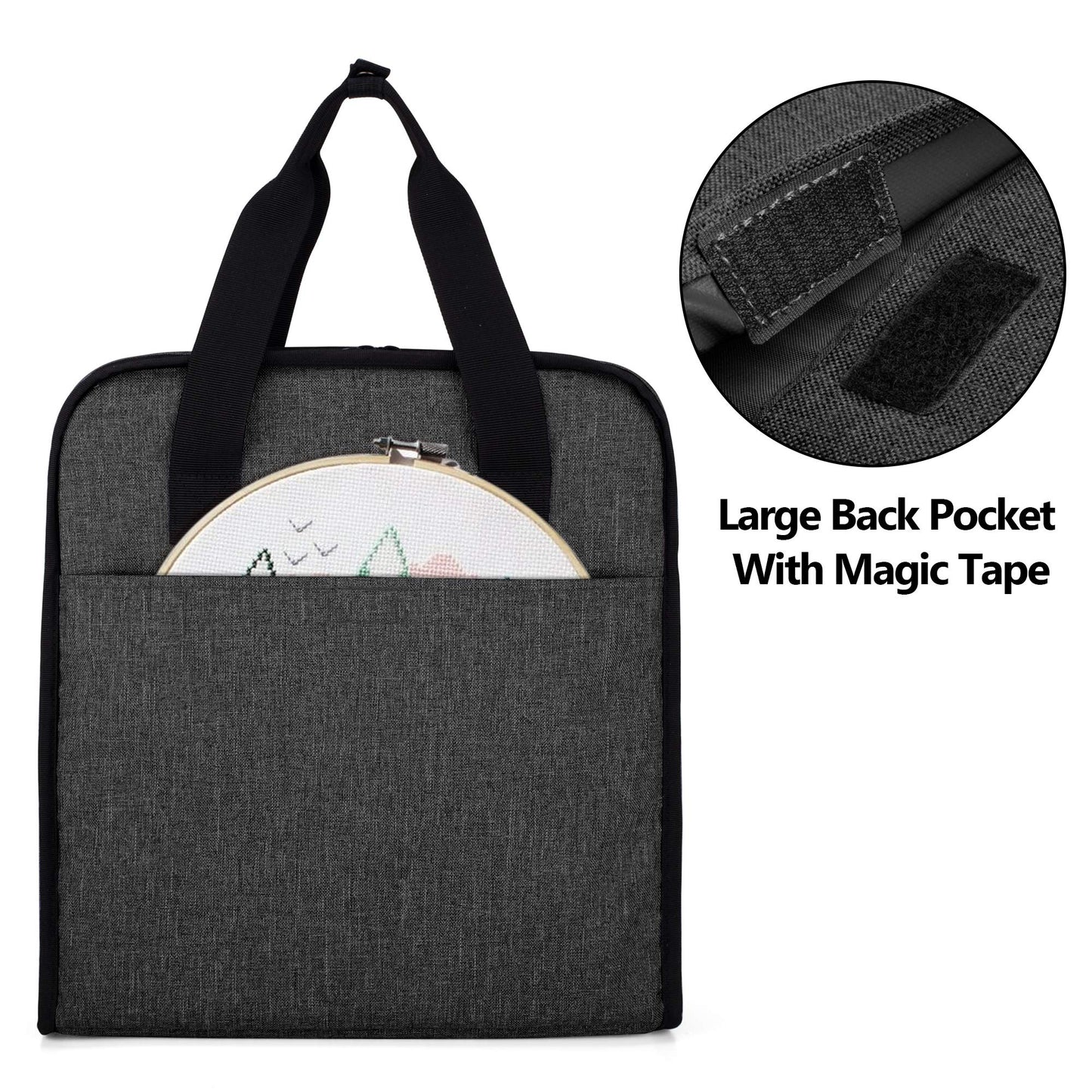 YARWO Embroidery Bag, Embroidery Projects Storage with Multiple Pockets for Embroidery Hoops (Up to 12"), Embroidery Floss and Supplies, Black with Arrow (Bag Only)