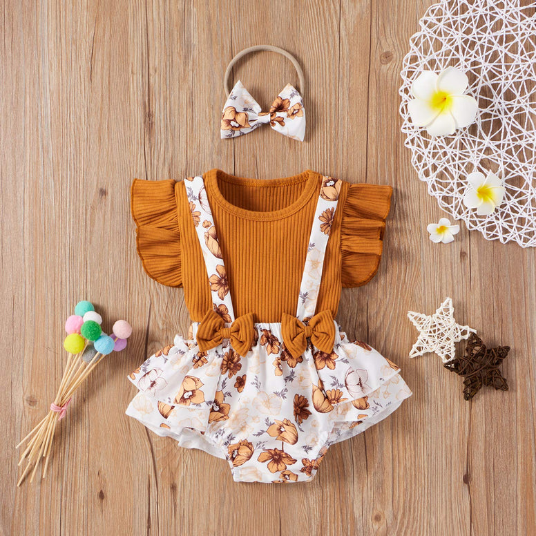 Newborn Baby Girls Summer Clothes Sets Ruffle Sleeve Top T-Shirt Floral Suspender Shorts Headband (0-3 Months)