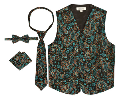 Gioberti Boy's 4 Piece Formal Paisley Tuxedo Vest, Bowtie, Tie, Pocket Square Set Size 14