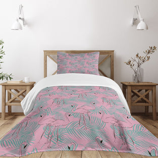 Lunarable Tropical Bedspread, Exotic Print of Flamingos and Palm Leaves in Pastel Tones, Decorative Quilted 2 Piece Coverlet Set with Pillow Sham, Twin Size, Pale Pink Cadet Blue Charcoal Grey