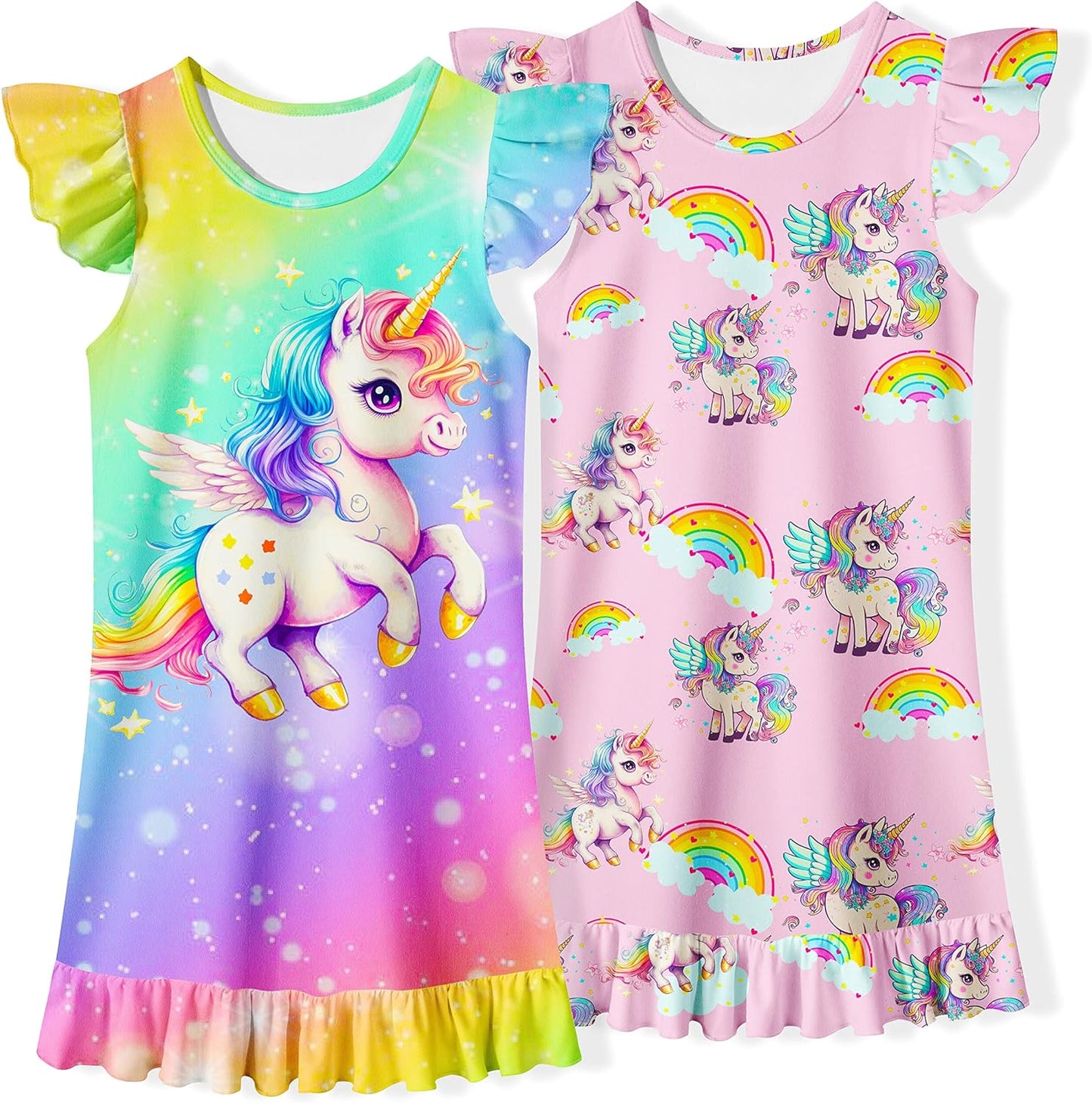 LQSZ Girls Nightgowns 2-Pack Little Girls Pajama Nightdress Sleep Wear 3-12 Y