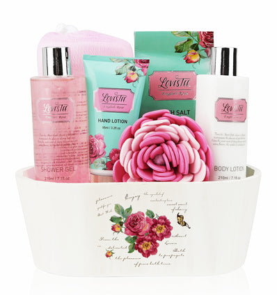 Relaxing Bath Spa Kit For Men, Women and Teens, Gift Set Bath And Body Works- Natural English Rose Aromatherapy Spa Gift Basket Includes Shower Gel, Bubble Bath, Body Lotion, Bath Salt, Sponge