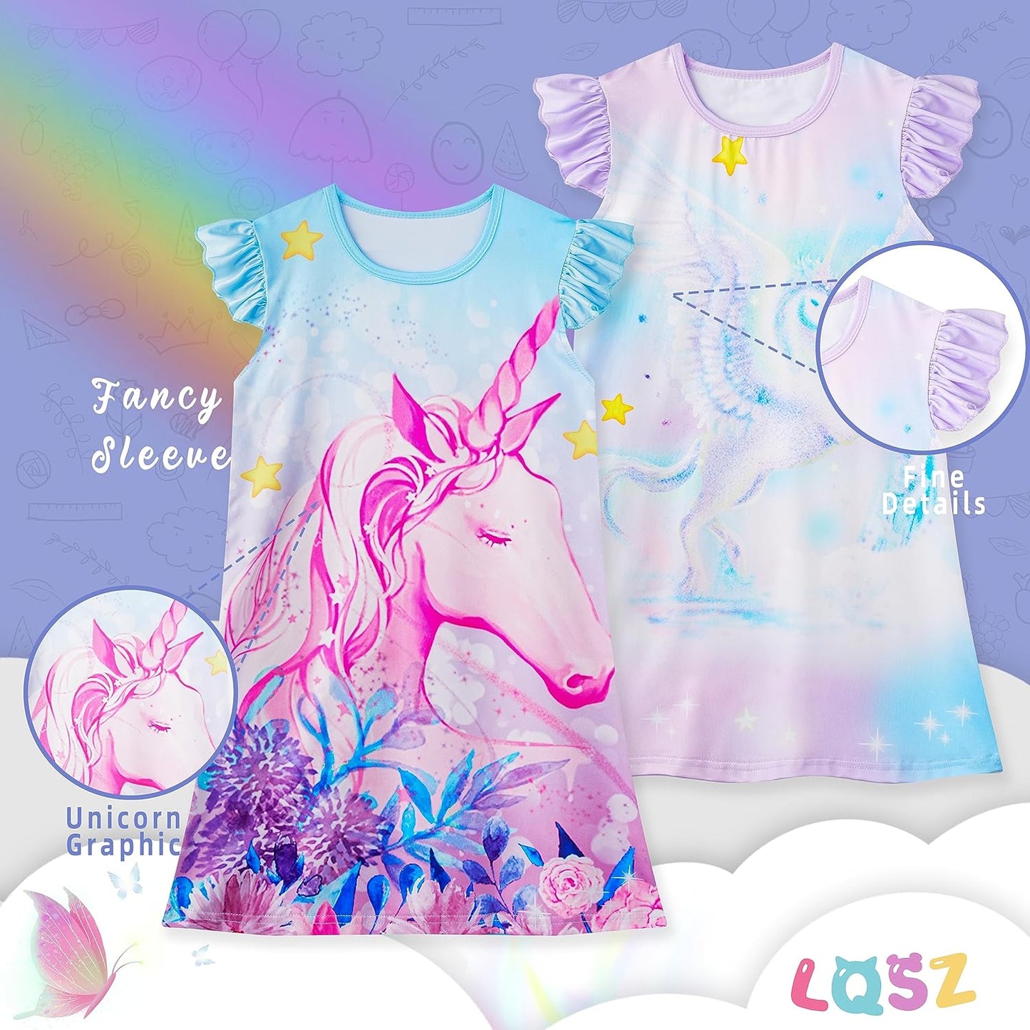 LQSZ 2Pcs Girls Nightgowns 3-10 Years Flutter Short Sleeves Dress Nightdress Sleepwear Pajamas Nightgowns for Girls