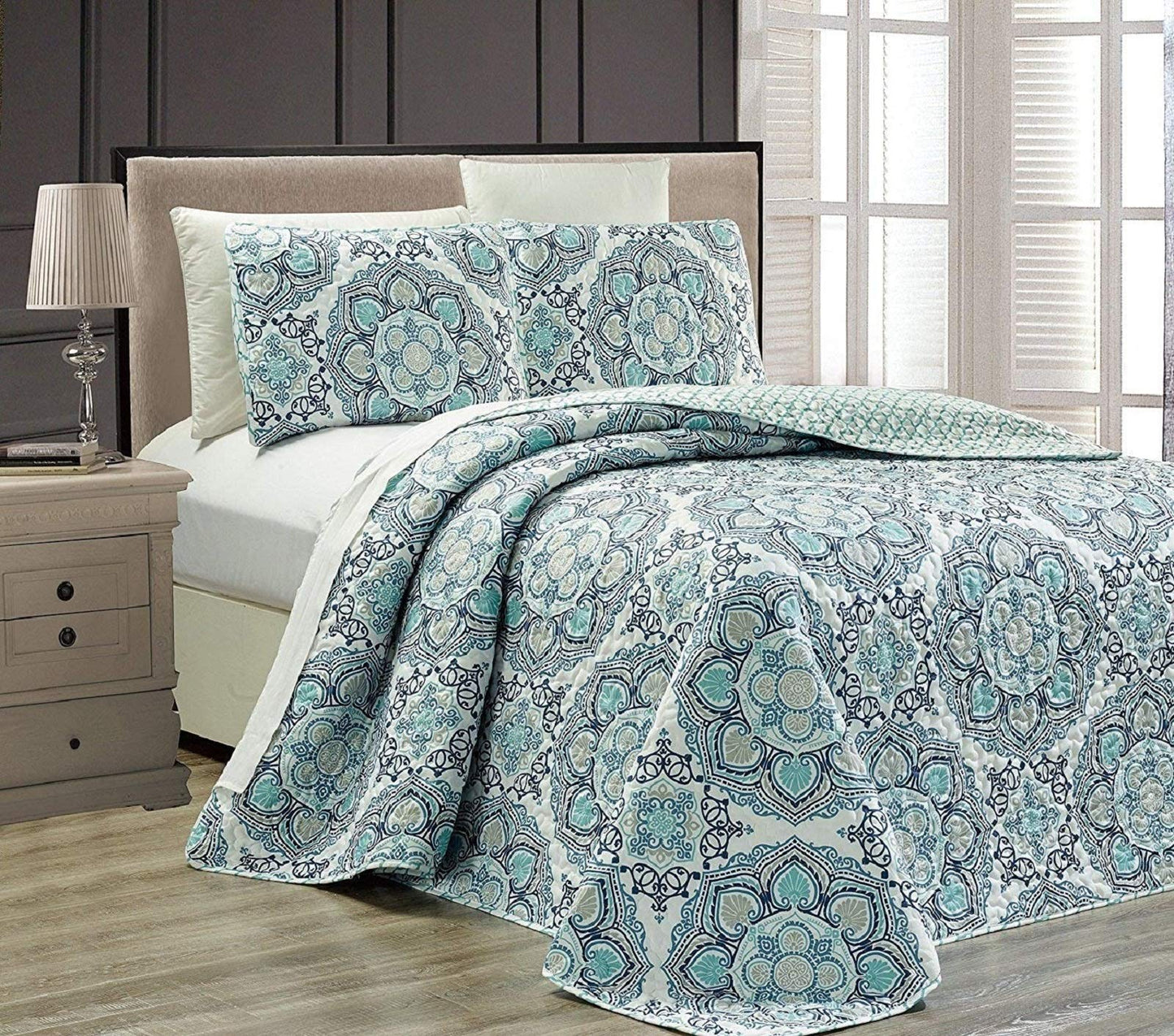 Linen Plus 3pc Reversible Oversized Bedspread Set Medallion Print Navy Blue White Teal Aqua Taupe New King/Cal King Bedspread