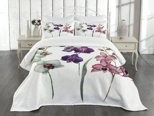 Lunarable Watercolor Flower Bedspread, Different Orchid Flowers on Clear Background Exotic Blooms, Decorative Quilted 3 Piece Coverlet Set with 2 Pillow Shams, King Size, Rose Purple