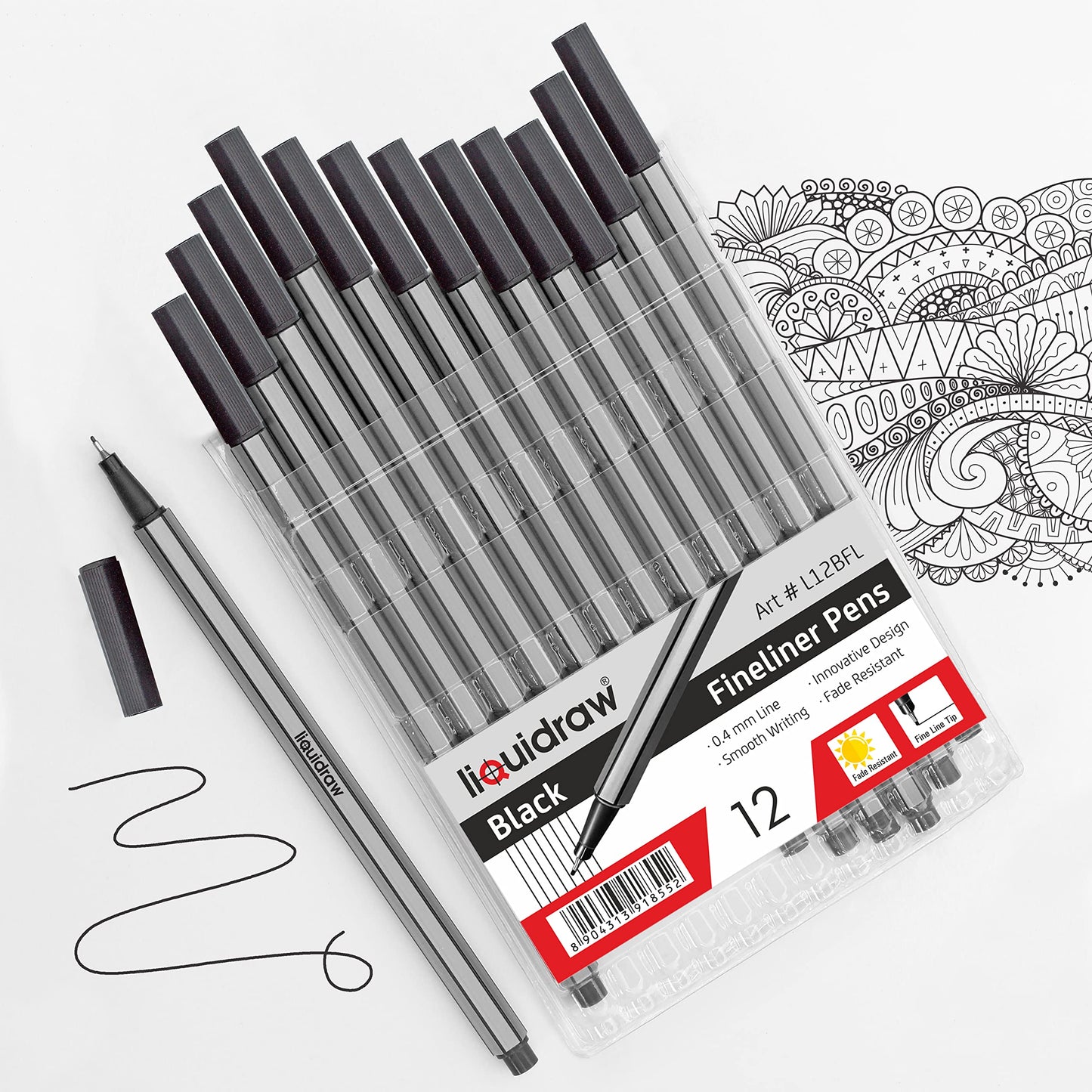 Liquidraw 12 Black Fineliner Pens Set Fine Point Pens 0.4mm Fineliners Black Coloured Pens For Artists, Architects, Technical Drawing, Handwriting, Calligraphy, Sketching, & Illustrations