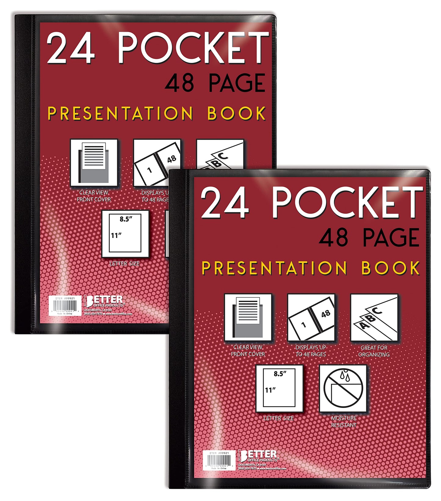 24 Pocket Bound Presentation Book, Black, Clear View Front Cover, 48 Sheet Protector Pages, 8.5" x 11" Sheets, by Better Office Products, Art Portfolio, Durable Poly Covers, Letter Size (2 Pack)