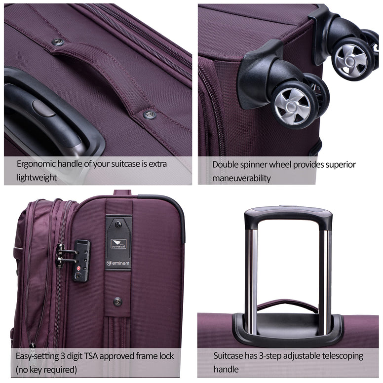 Eminent Expandable Luggage Trolley Bag Soft Suitcase for Unisex Travel Polyester Shell Lightweight with TSA lock Double Spinner Wheels V6093SZ (Carry-On 20-Inch, Purple)