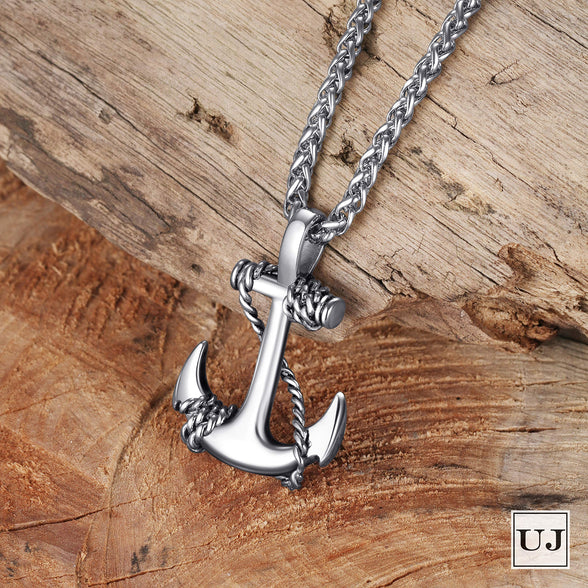 URBAN JEWELRY Men’s and Women’s Anchor Necklace, 316L Stainless Steel Silver Color Nautical Anchor Pendant with 21inc Steel Chain, Unisex Accessory, Gift for Him or Her, Metal