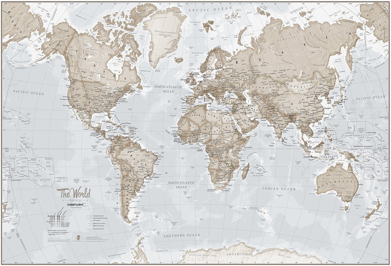 Maps International - Giant World Map Mural - Mega-Map of The World Wallpaper - 91 x 62 - Neutral Colors
