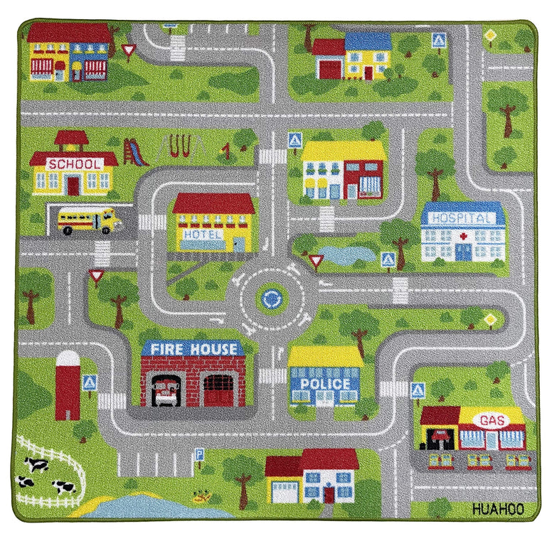 HUAHOO City Street Map Kids' Rug with Roads Kids Rug Play mat with School Hospital Station Bank Hotel Book Store Government Workshop Farm for Boy Girl Nursery Bedroom Playroom Classroom (39" X 39")