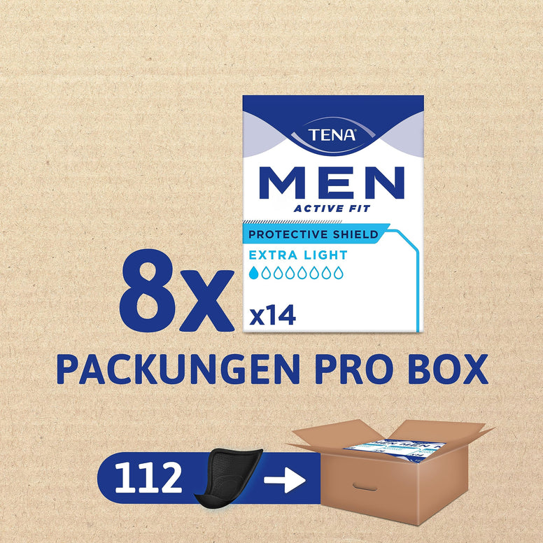 TENA Men Protective Shield, 112 Extra Thin Incontinence Liners (14 x 8 Packs) Specially Engineered for Men of All Ages, Black Pad for Light Bladder Weakness, Urine Leakage and Drips,White