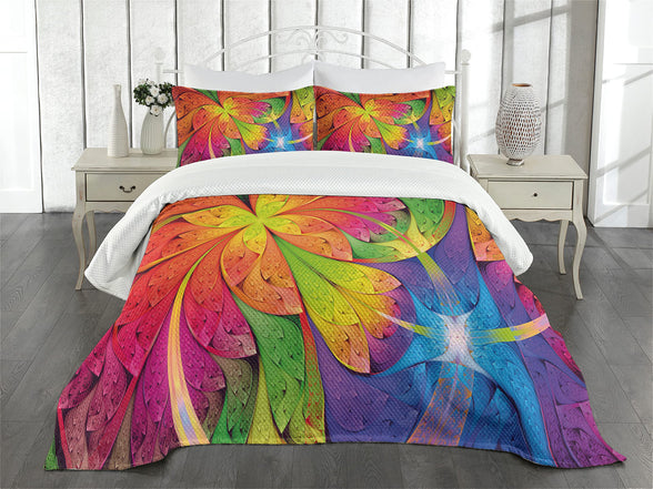 Ambesonne Fractal Bedspread, Vibrant Rainbow Colored Floral Pattern Vivid Contrast Curved Leaves Artisan Print, Decorative Quilted 3 Piece Coverlet Set with 2 Pillow Shams, Queen Size, Multicolor