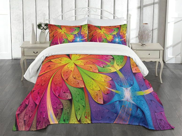 Ambesonne Fractal Bedspread, Vibrant Rainbow Colored Floral Pattern Vivid Contrast Curved Leaves Artisan Print, Decorative Quilted 3 Piece Coverlet Set with 2 Pillow Shams, Queen Size, Multicolor