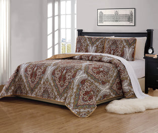 Linen Plus Quilted Bedspread Set Oversized Reversible Coverlet Floral Taupe Brown Green New Full/Queen Quilt